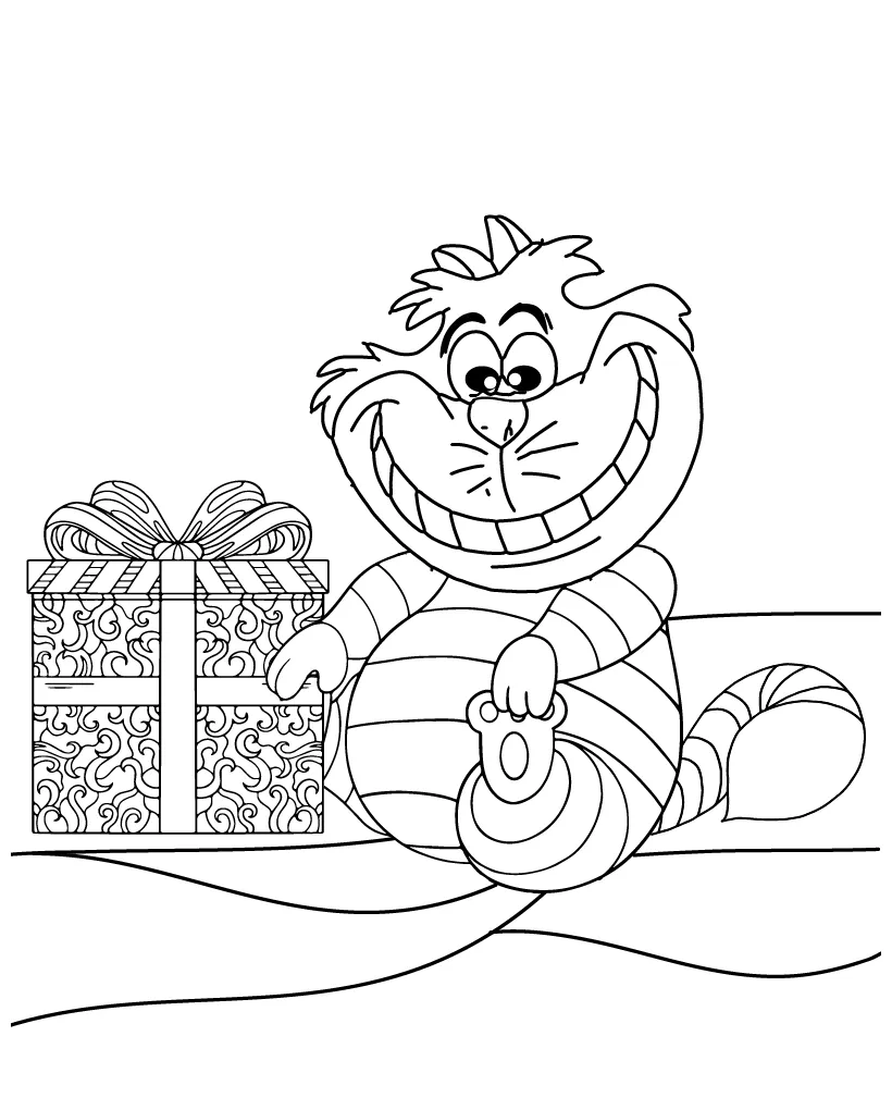 Cheshire Cat Happy with the Gift Coloring Page