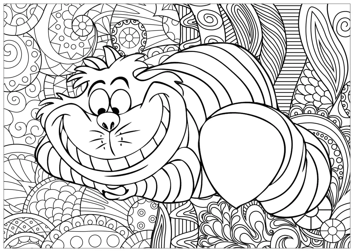 Cheshire cat with patterns in cat coloring pages for adults