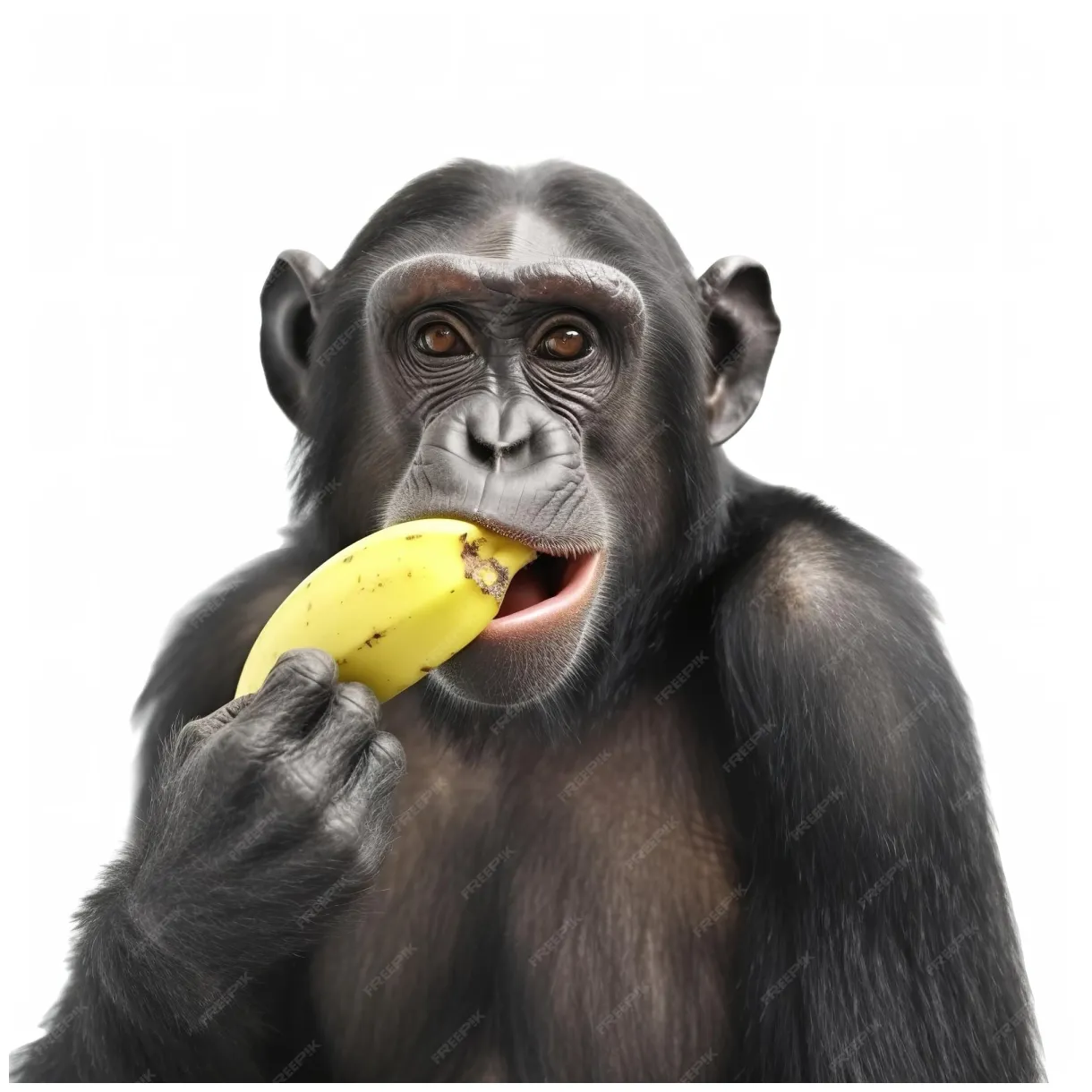 Premium AI Image | A chimpanzee is eating a banana.