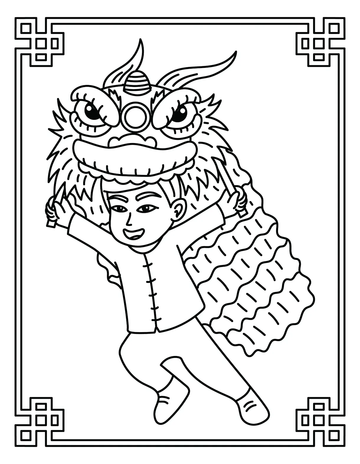 Boy performing dragon dance for chinese new year 🐉🧧🎊 coloring page