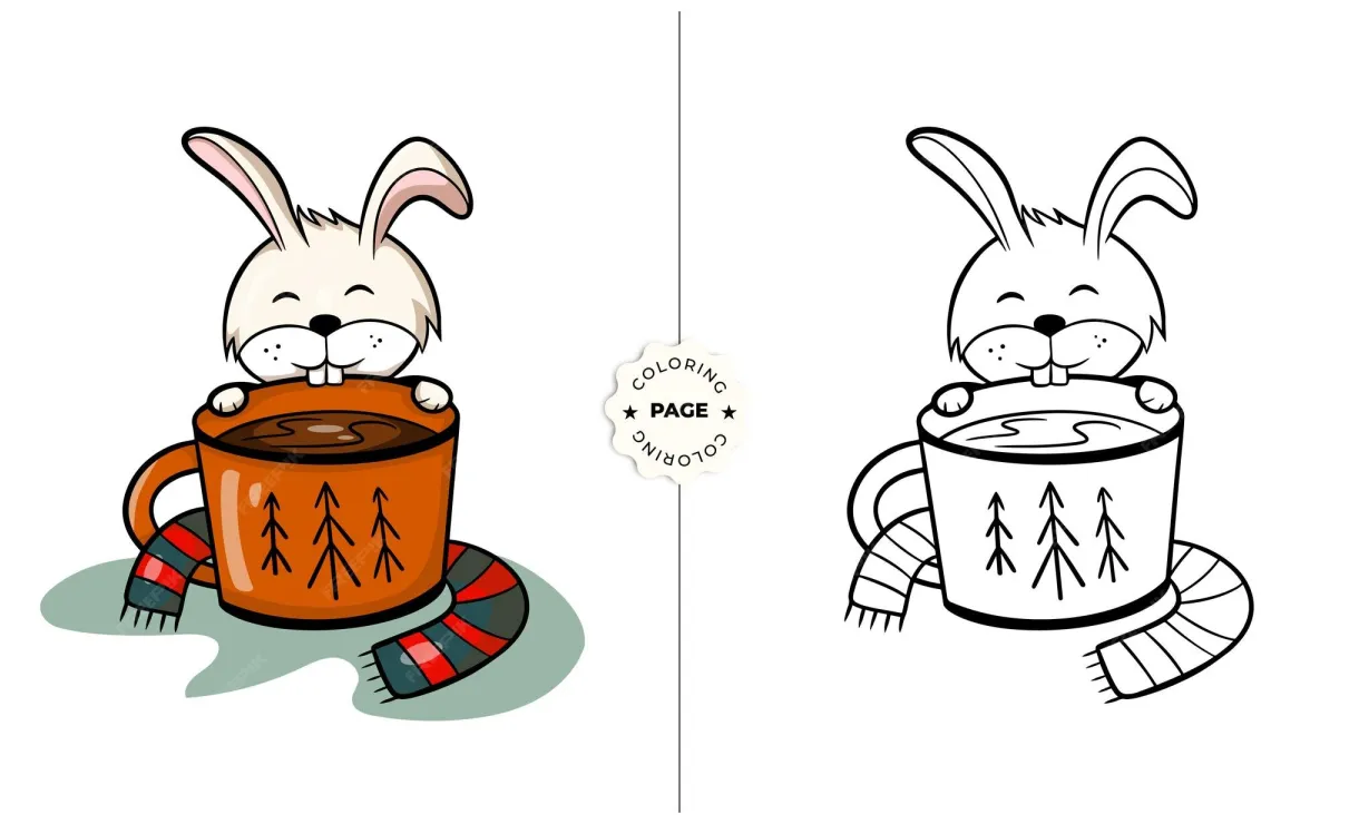 Premium vector bunny with a cup of hot chocolate at christmas