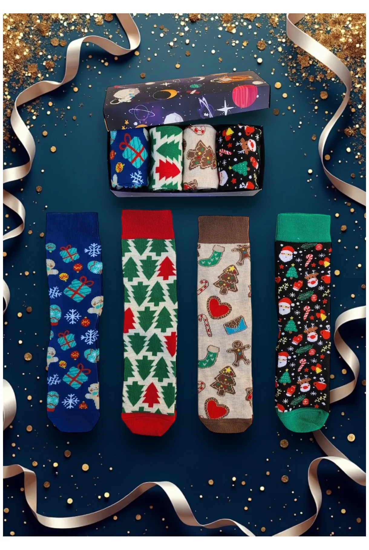 Fashionov 4'lü yılbaşı Çorabı noel christmas temalı unisex soket Çorap