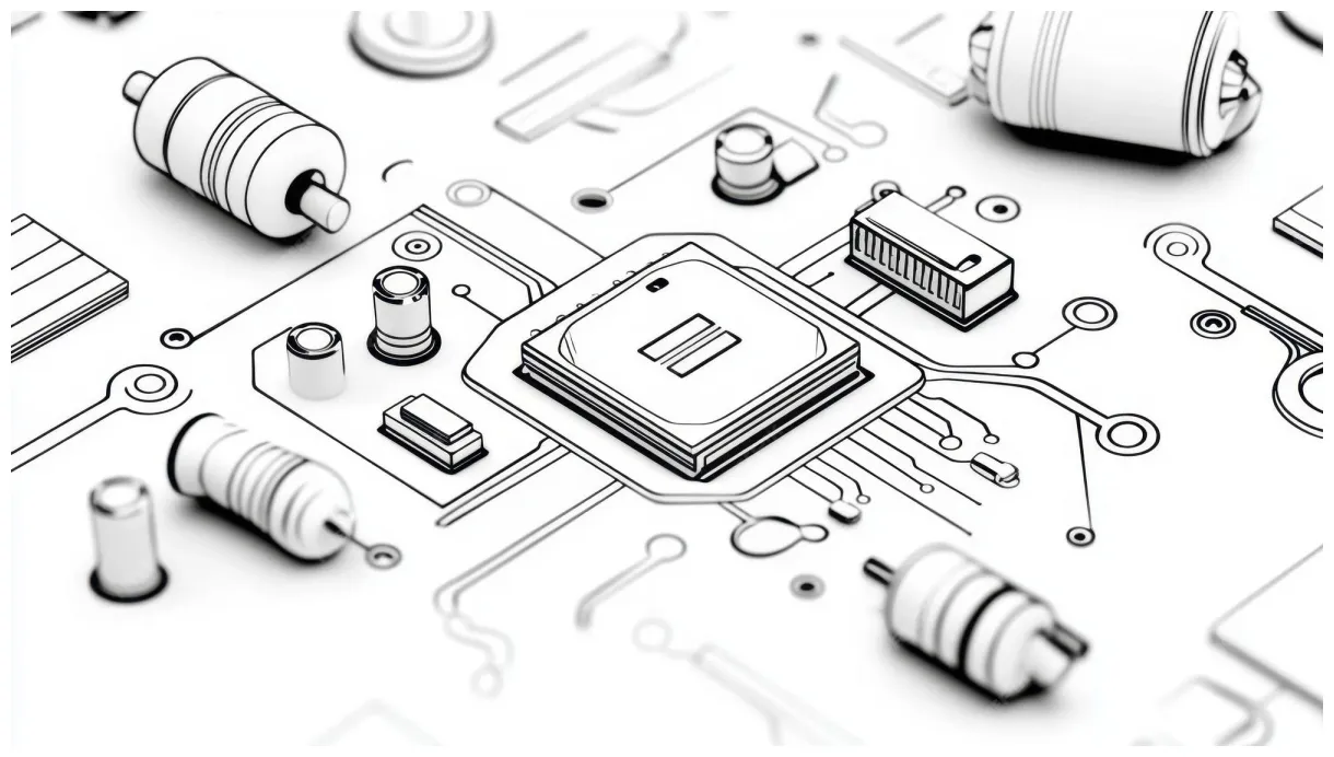 A black and white coloring book page of a circuit board with chips