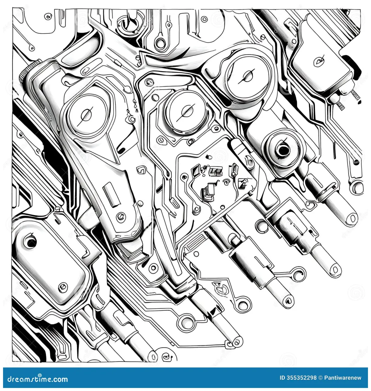 Black and White Circuit Board Coloring Page Stock Illustration