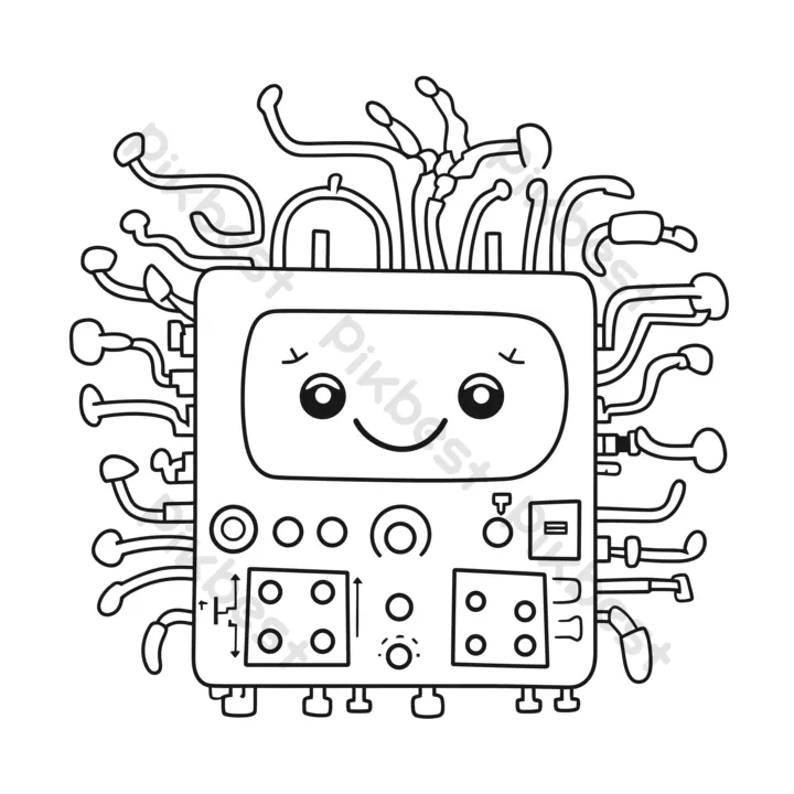 Circuit Board Vector Coloring Page With The Smiling Face Of A Computer