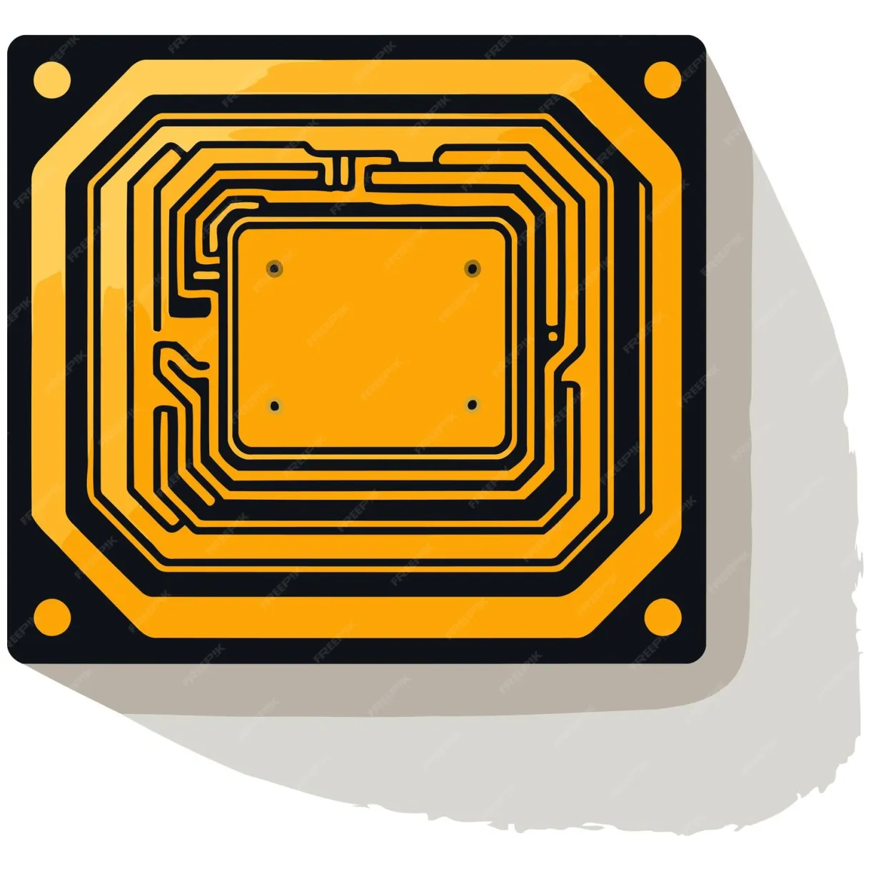 A simple flat design illustration of a circuit board with gold and