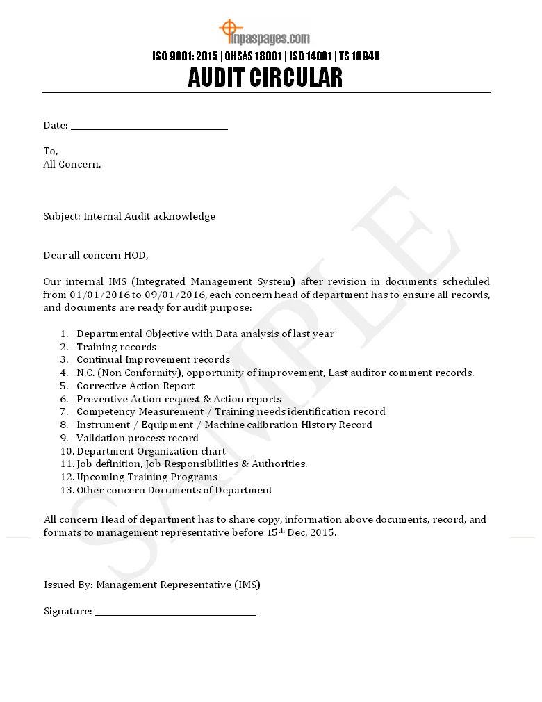 Internal audit circular letter