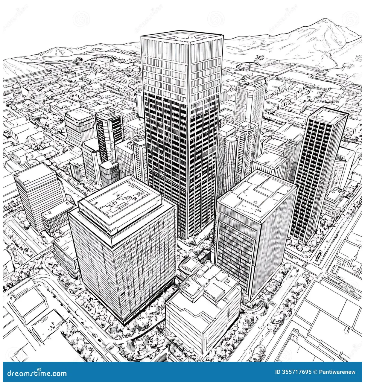 Urban skyline coloring page for young artists royalty-free
