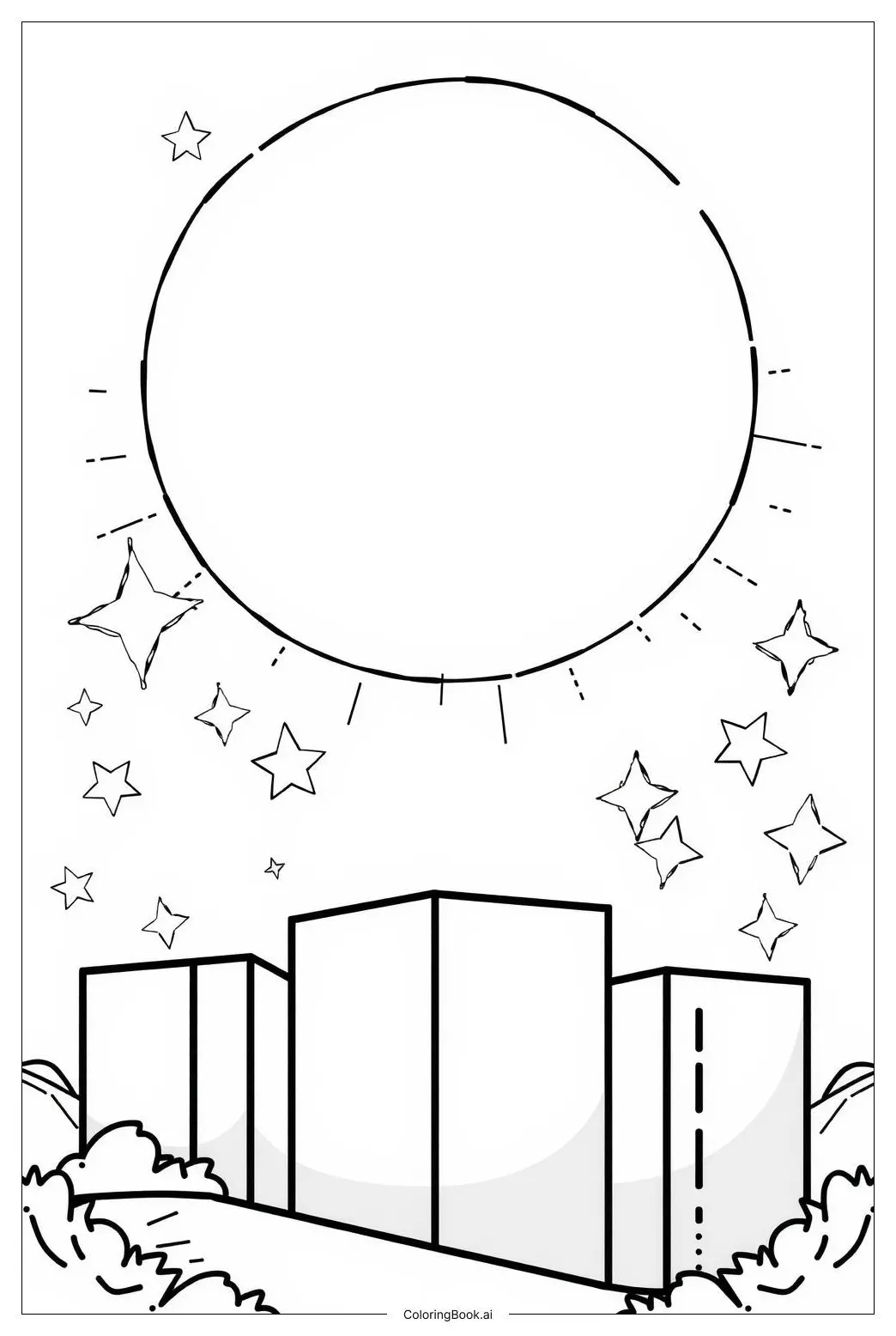 Solar eclipse over city skyline coloring page free pdf&png printable