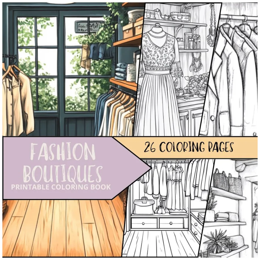 Boutique coloring book, printable coloring pages for adult, relaxing