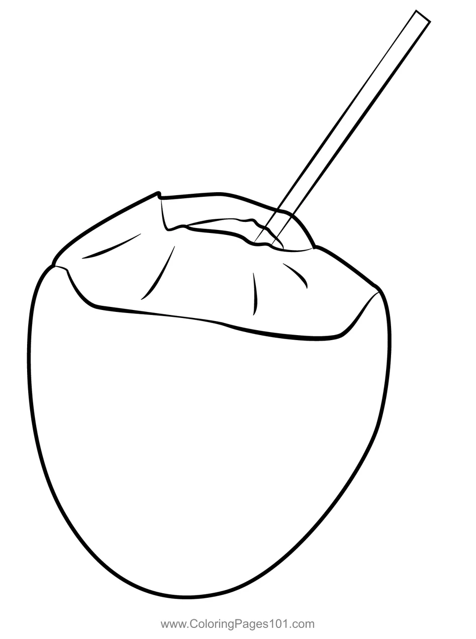 Coconut With Straw Coloring Page for Kids - Free Coconut Printable
