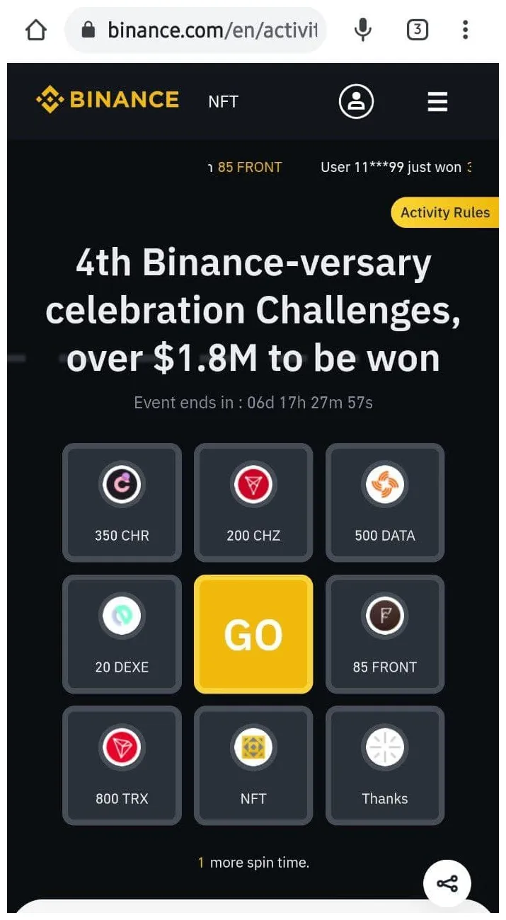 Binance 4th anniversary spin & win ₹6000 everyone proof total