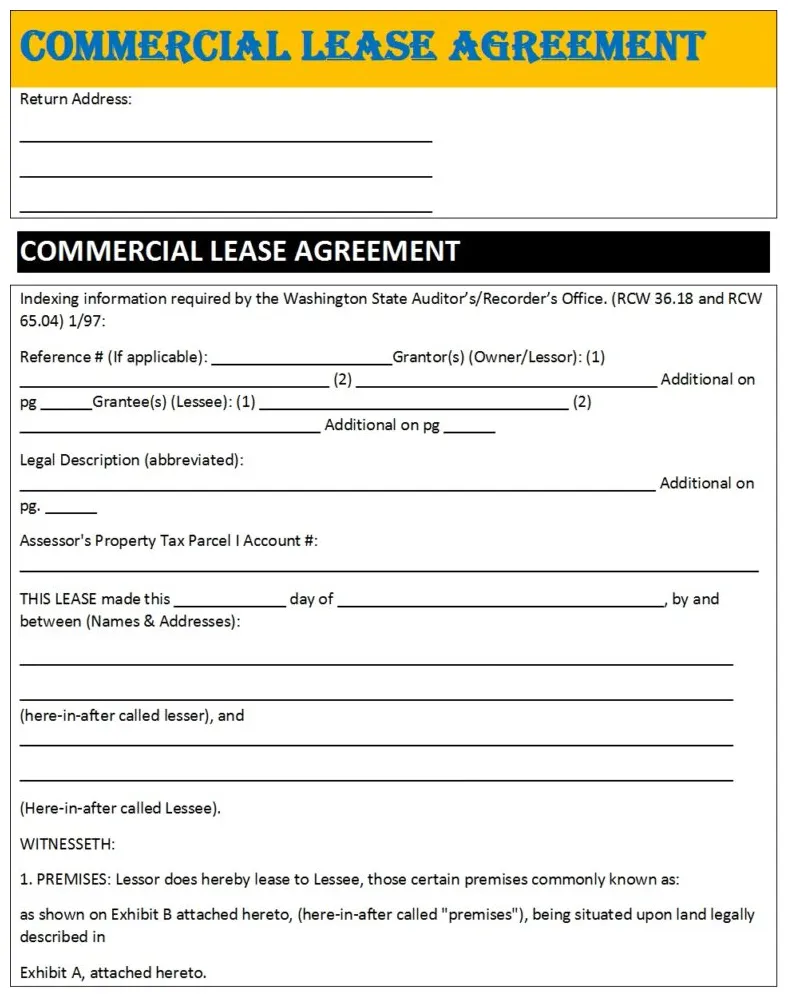 Commercial lease agreement templates excel word template