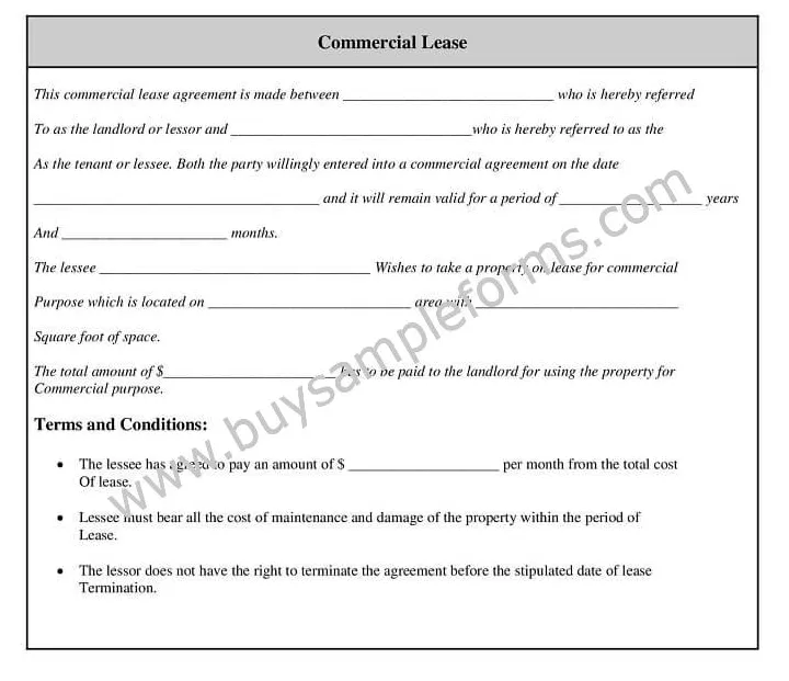 Printable commercial lease form agreement word template