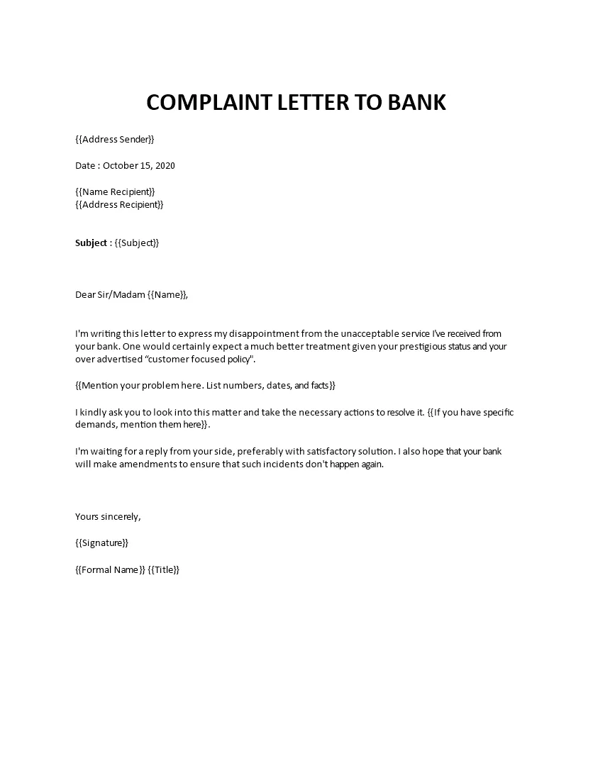 Complaint letter to bank