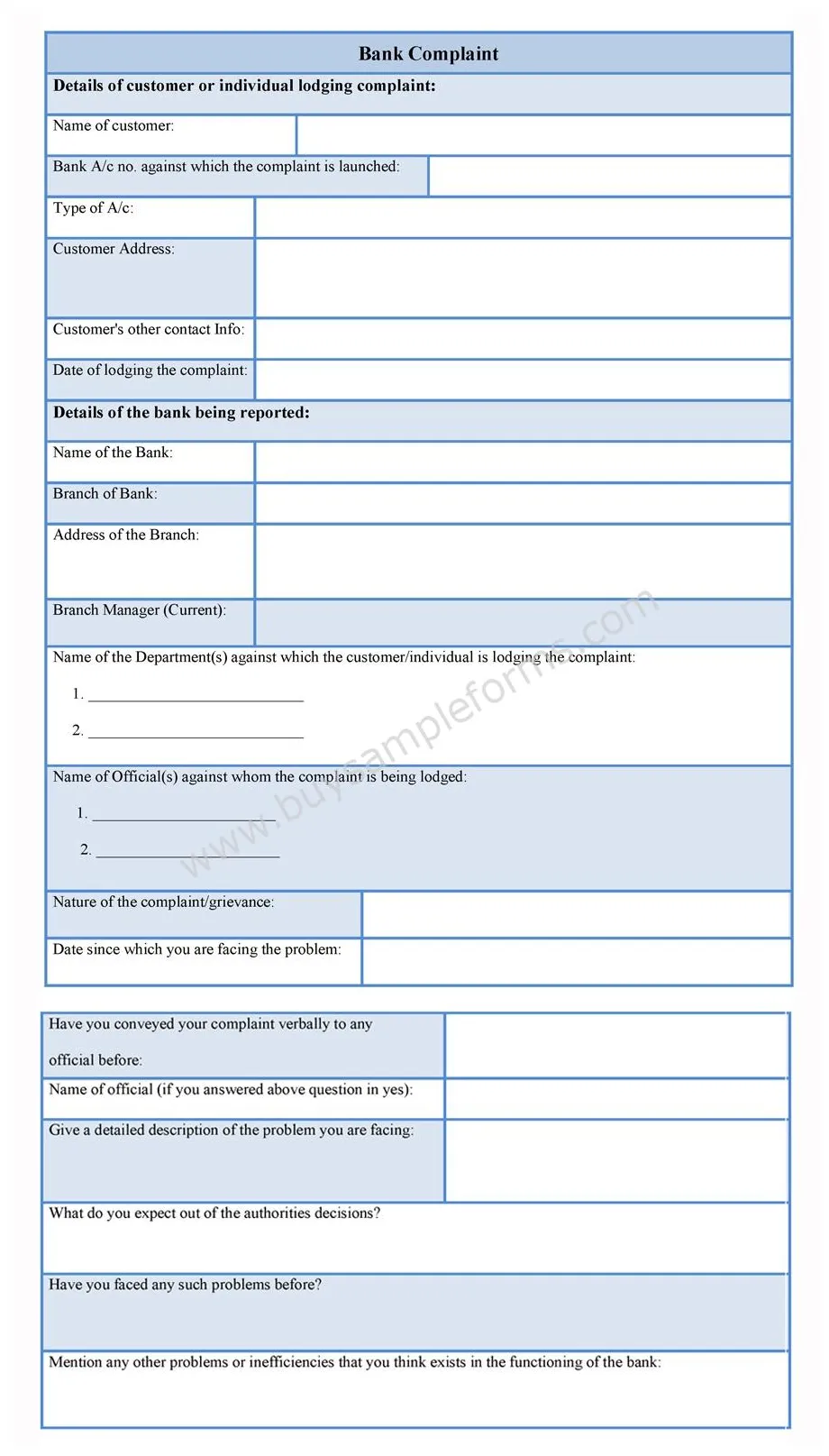 Ms word bank complaint form template online, sample