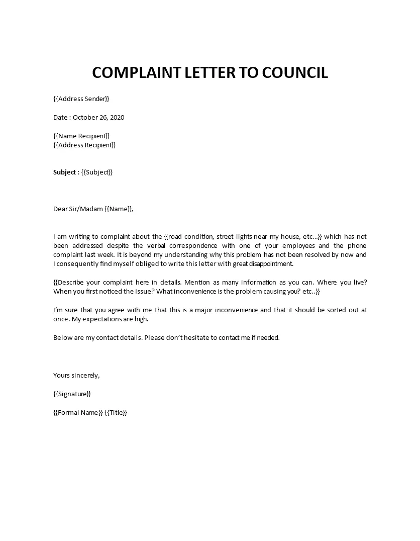 Complaint letter to council