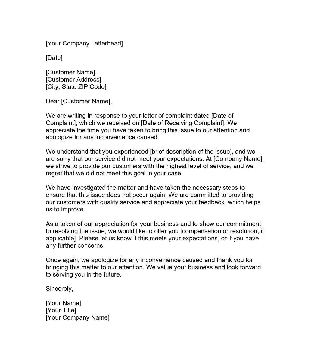 Response to letter of complaint | Forms - Docs - 2023