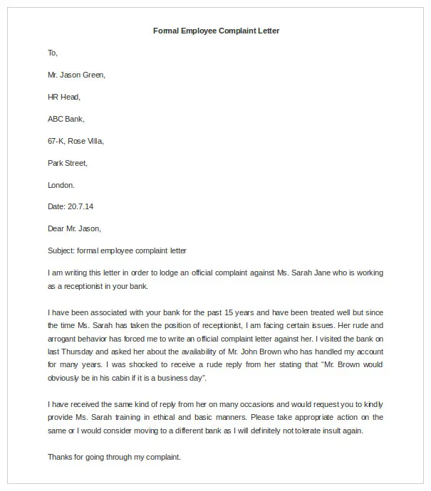 Hr complaint letter template