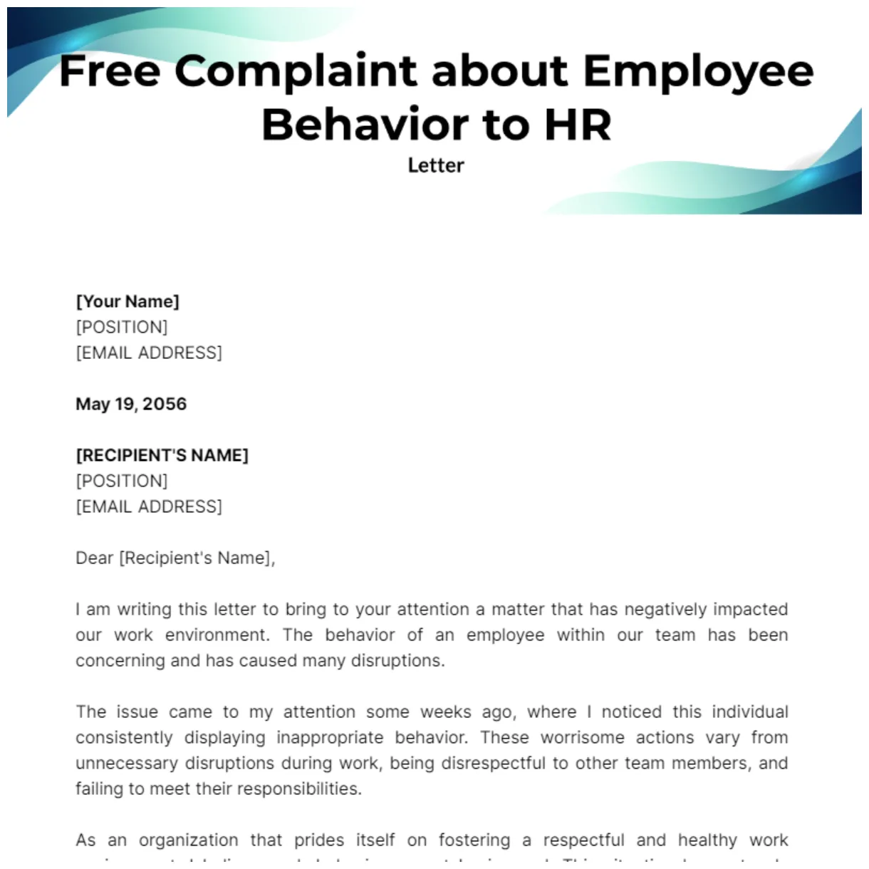 Complaint letter about employee behavior to hr template edit online