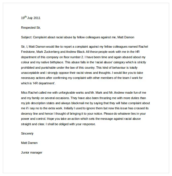 Hr complaint letter template