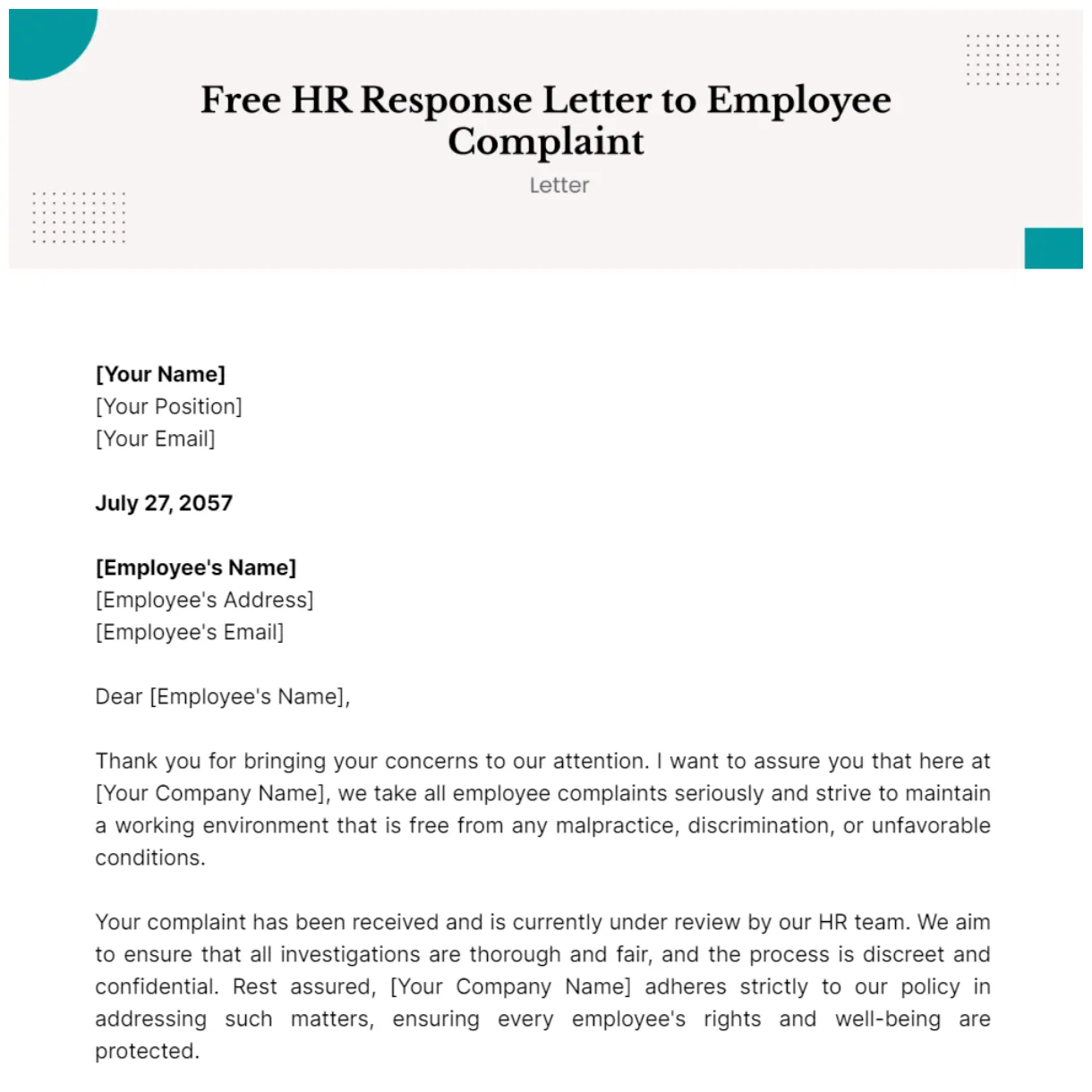 Hr response letter to employee complaint template edit online