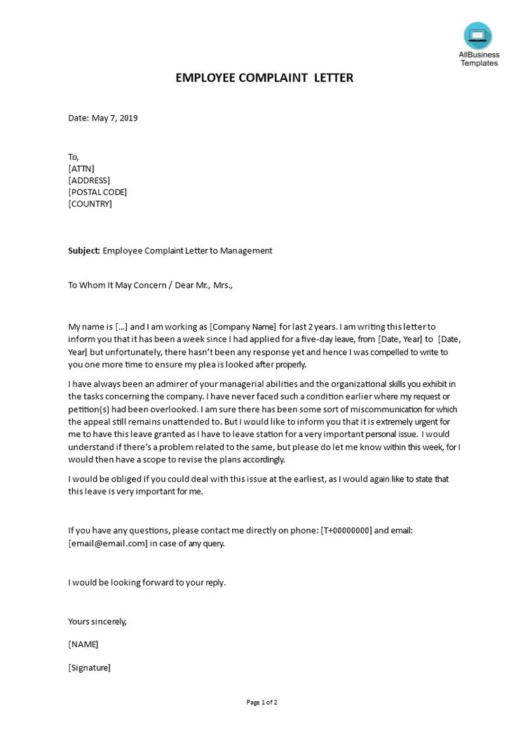 Hr complaint letter template