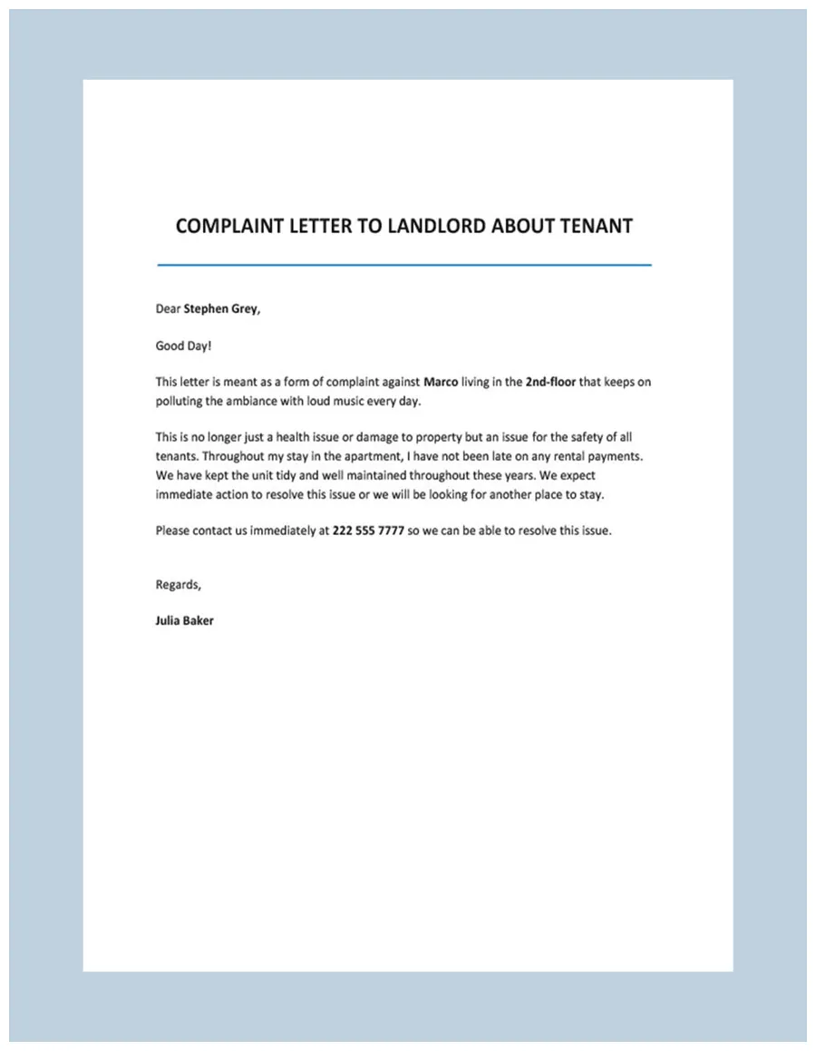 Complaint Letter to Landlord about Tenant Template - Google Docs, Word