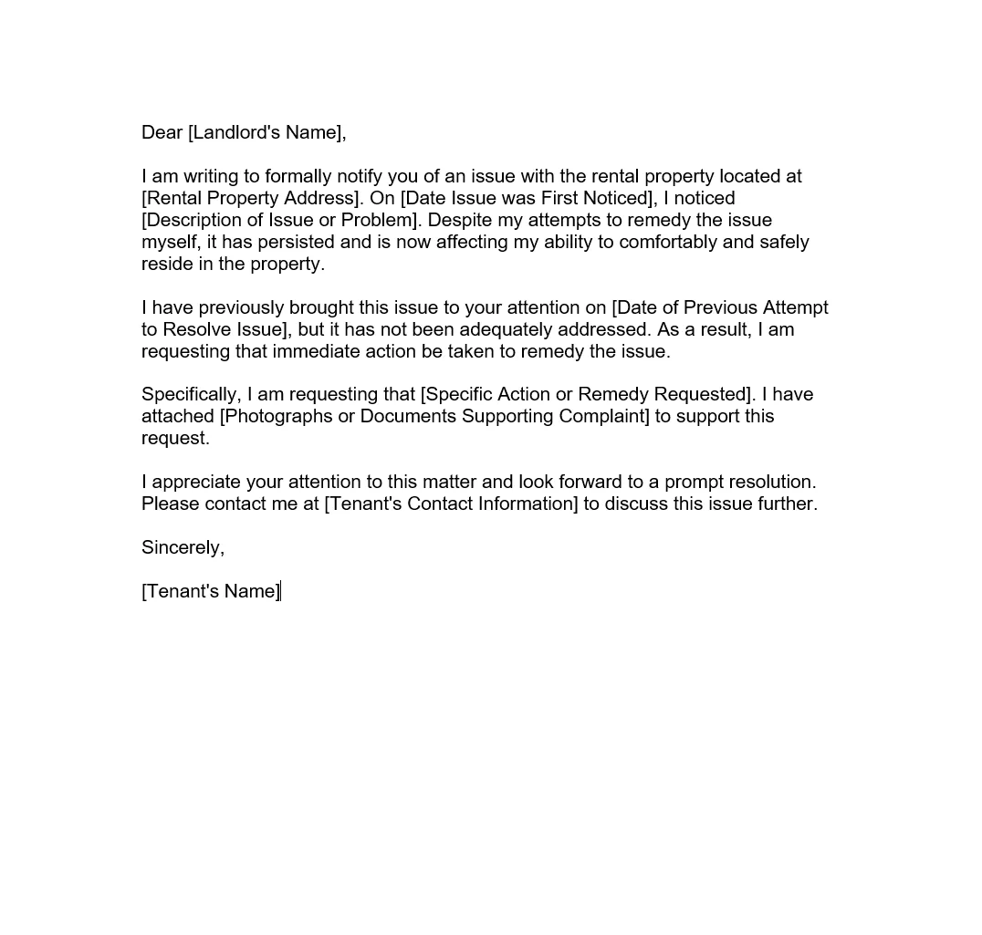 Tenant Letter of Complaint to Landlord | Forms - Docs - 2023
