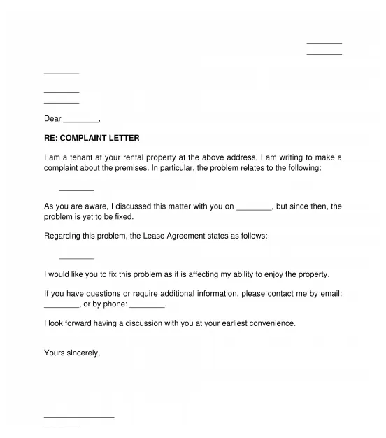 Tenant's Complaint Letter to Landlord - FREE - Template