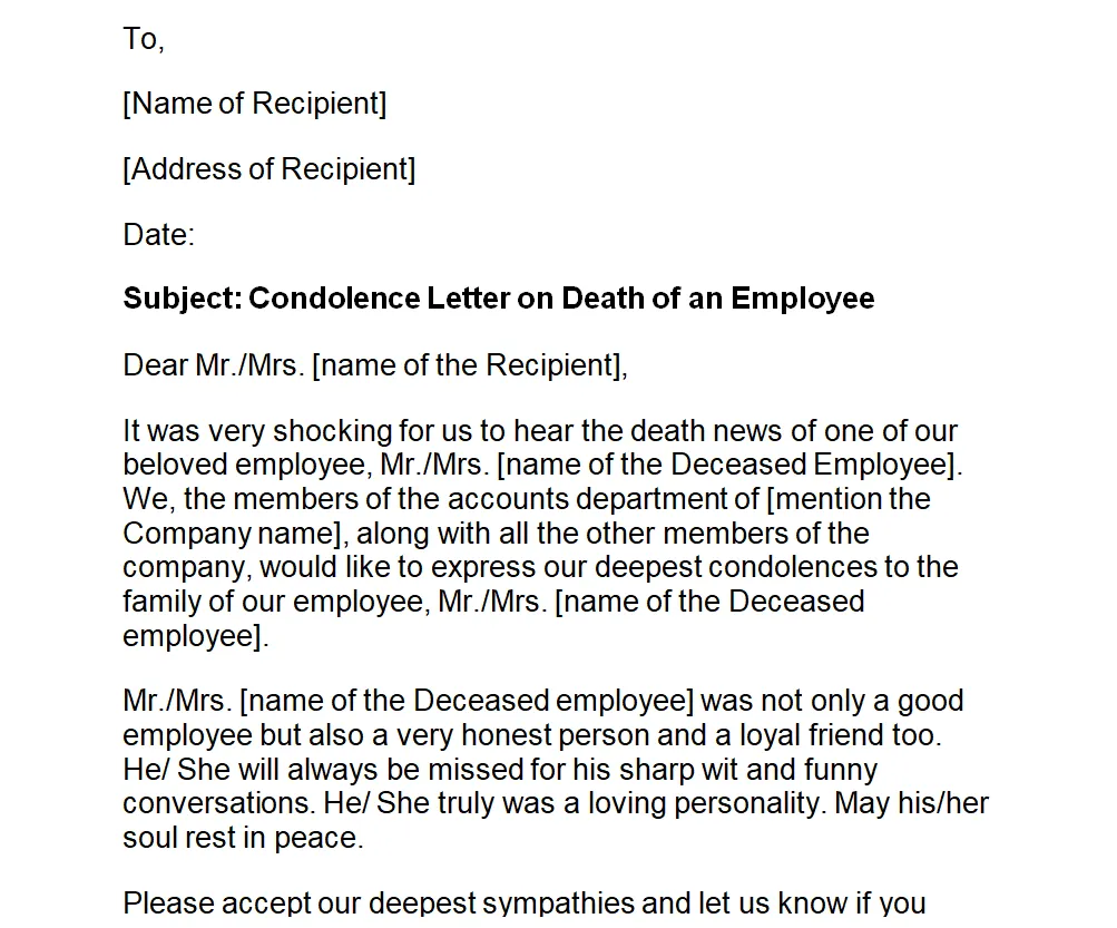 Formal condolence letter