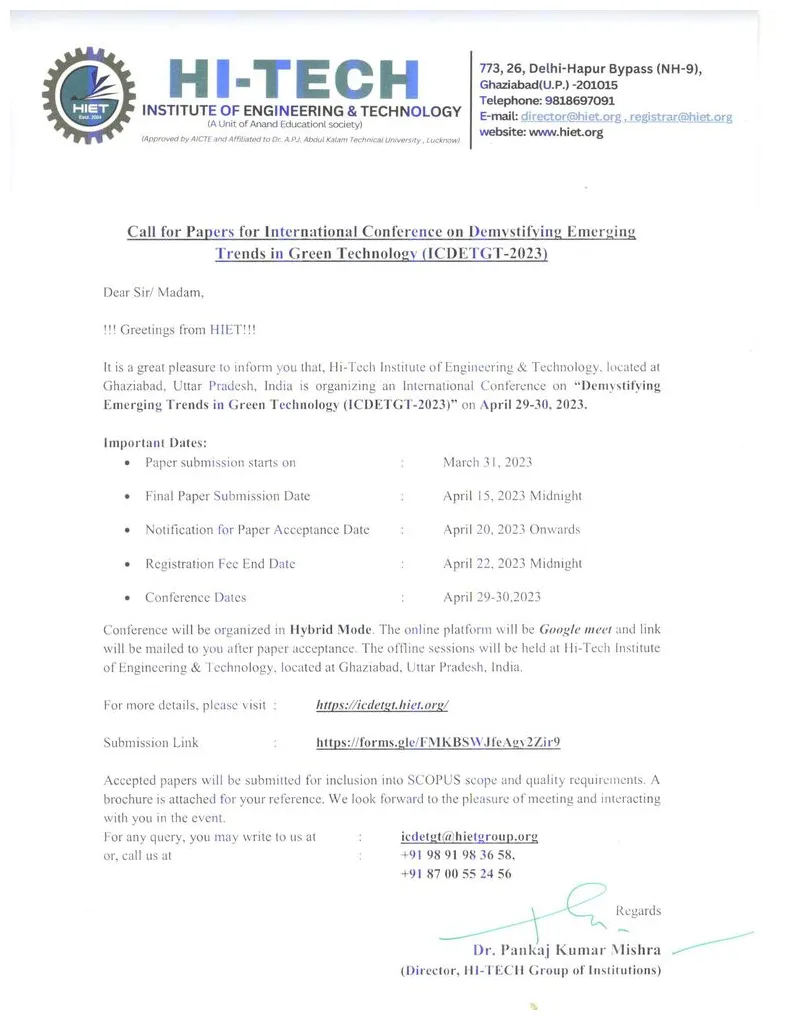 Invitation letter for international conference hiet