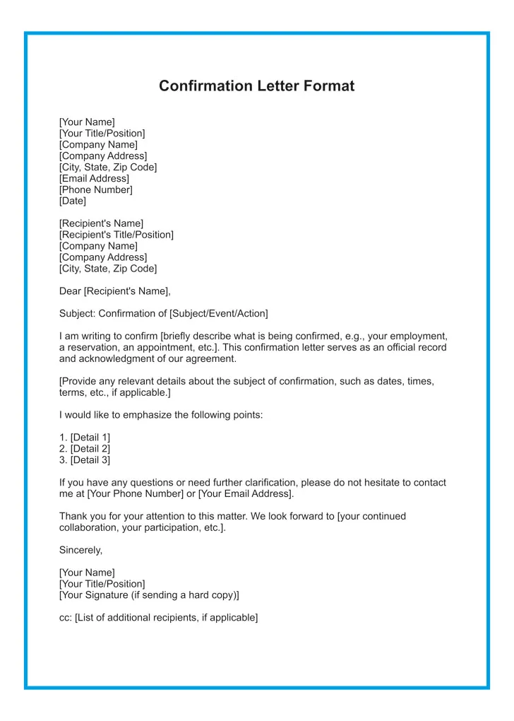 Confirmation letter format in word & pdf download templates