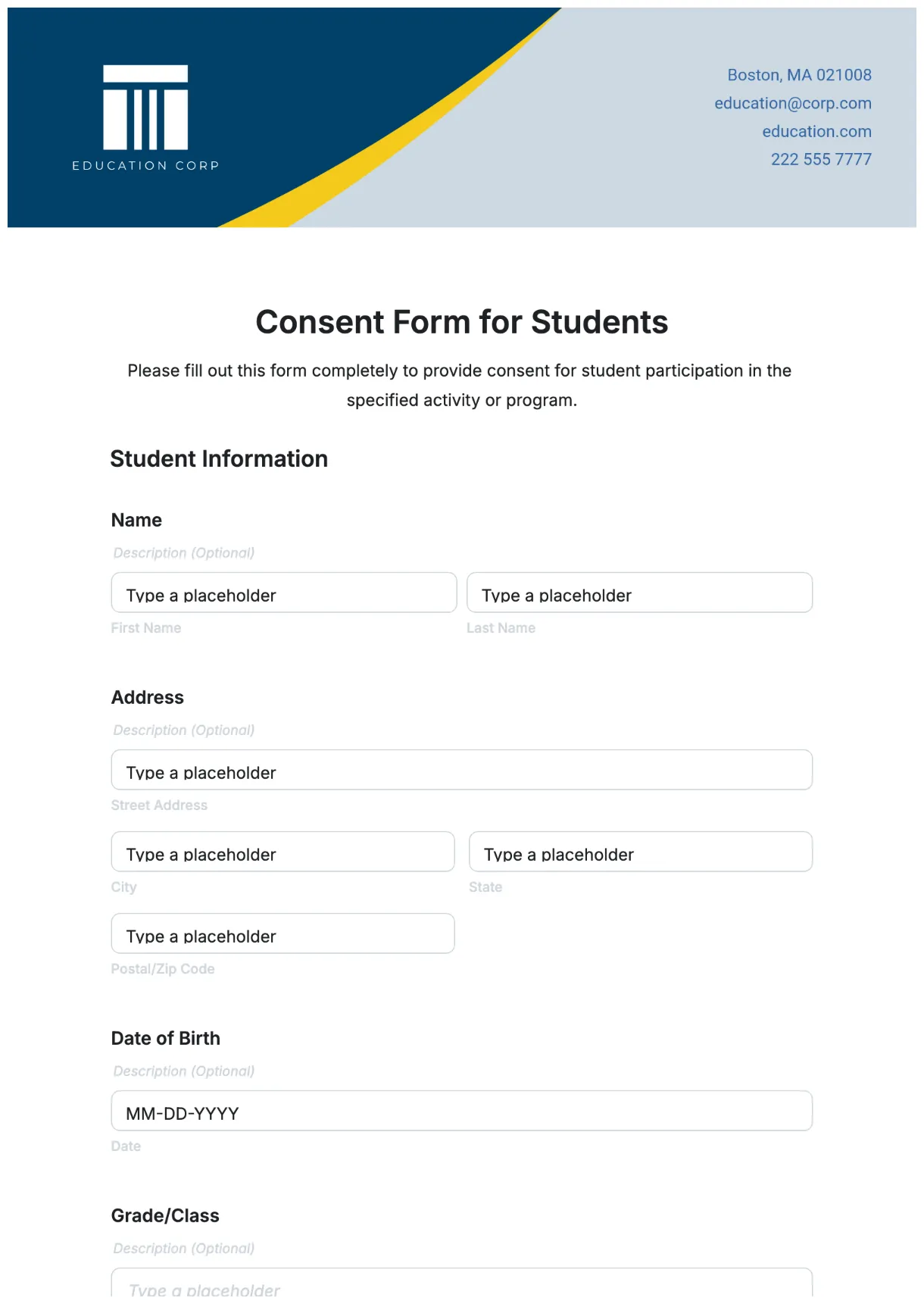 Free consent form for students template to edit online