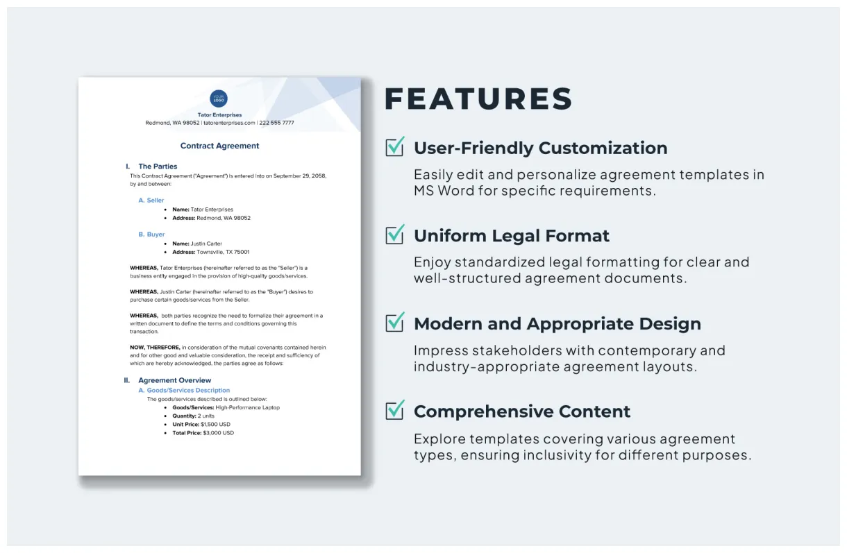 Sample contract agreement template in word, pdf, google docs download