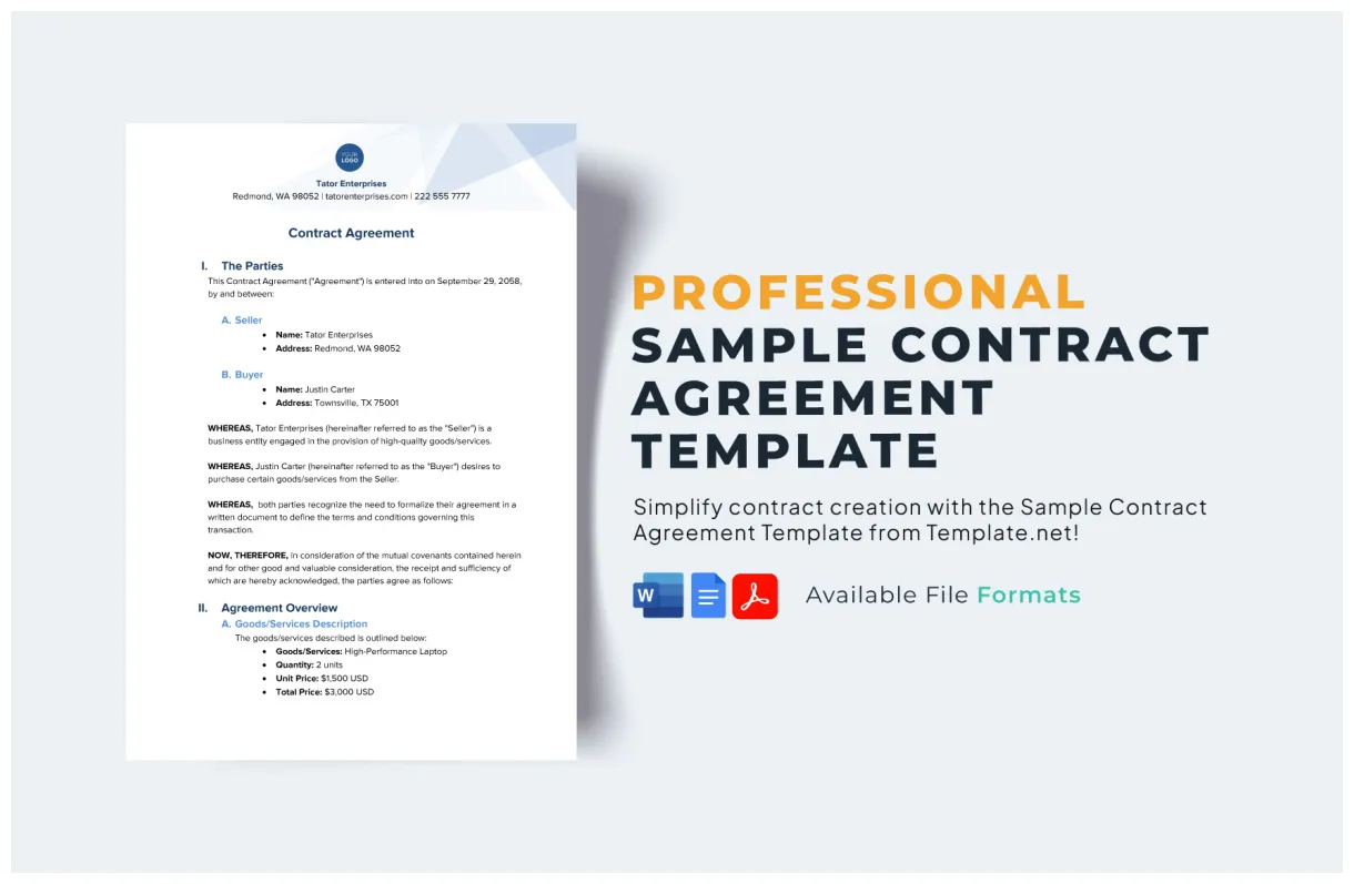 Sample contract agreement template in word, pdf, google docs download