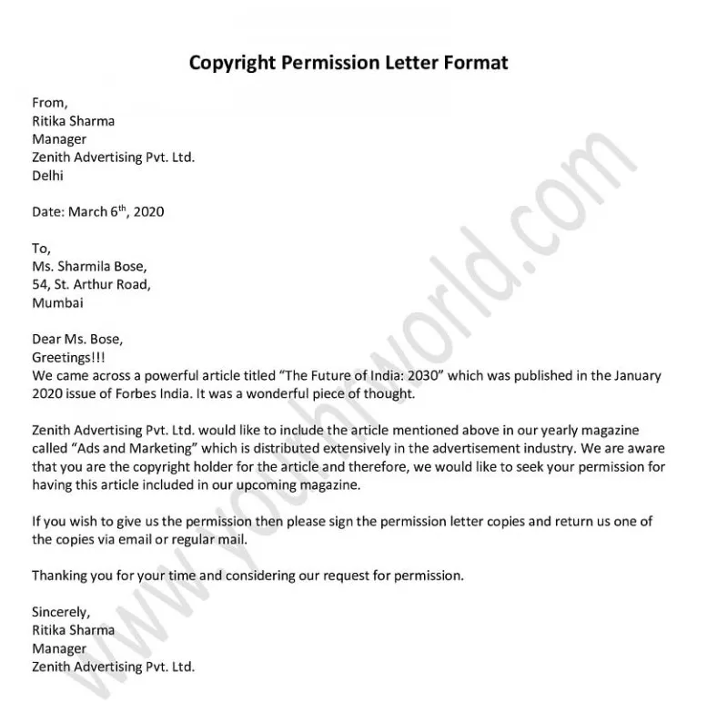 Request copyright permission letter format permission template