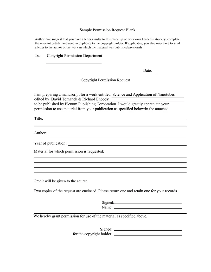 Sample permission request blank