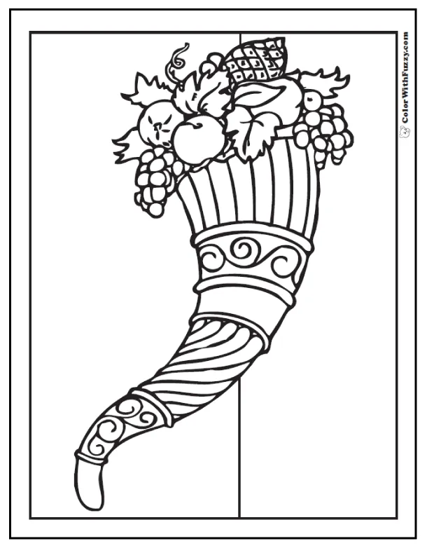 Cornucopia coloring picture pomegranate, pine cone