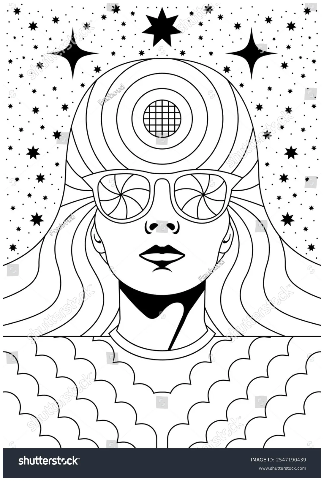Psychedelic Coloring Page Cosmic Retro Elements Stock Vector (Royalty