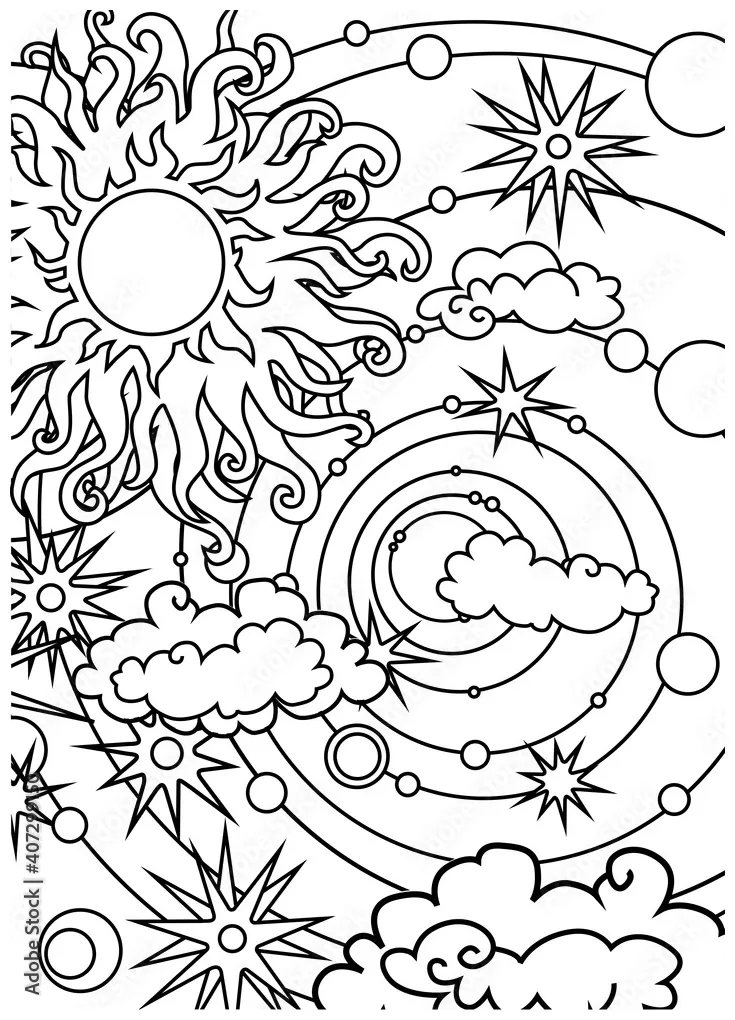 ornamental cosmic coloring page, vector outline illustration Stock