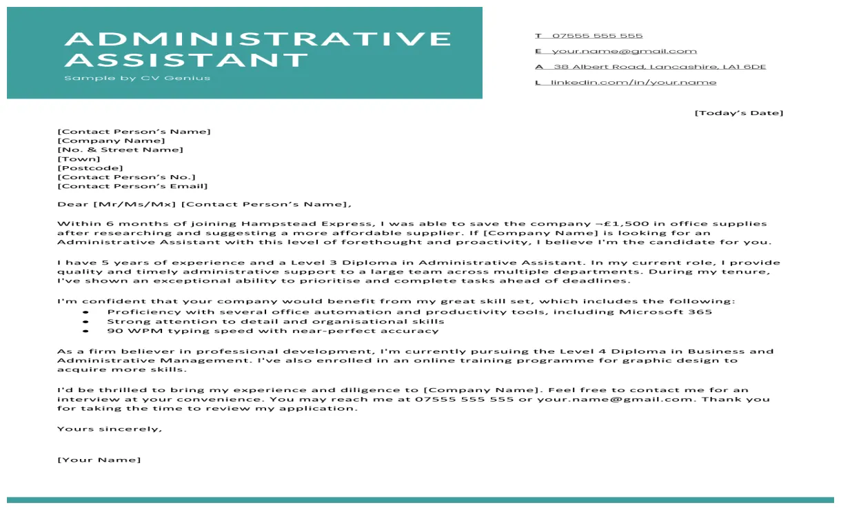 Administrative assistant cover letter example & tips