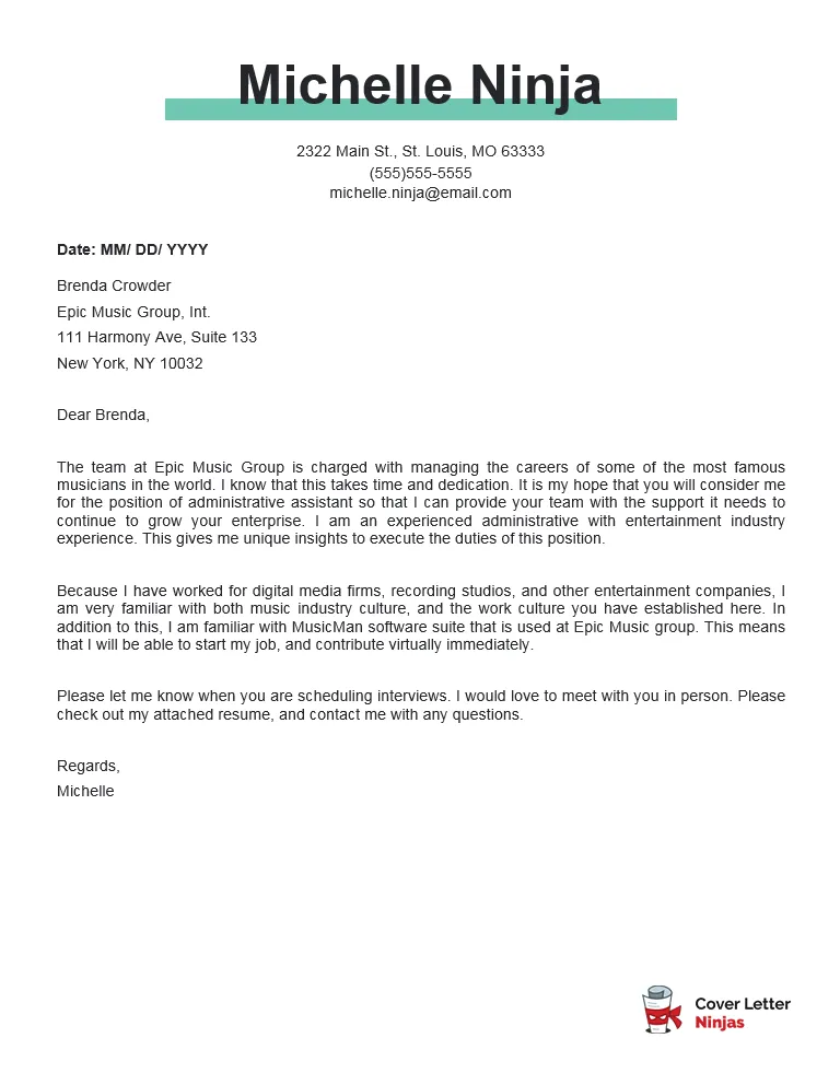 Cover letter example for administrative assistant cover letter ninjas