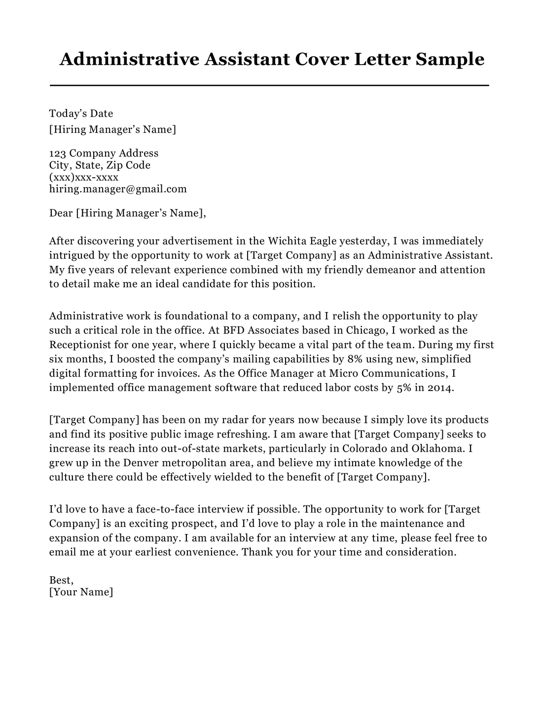 Administrative assistant cover letter sample resume companion