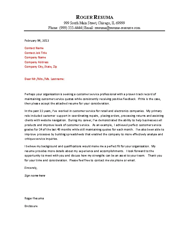 Customer service cover letter example