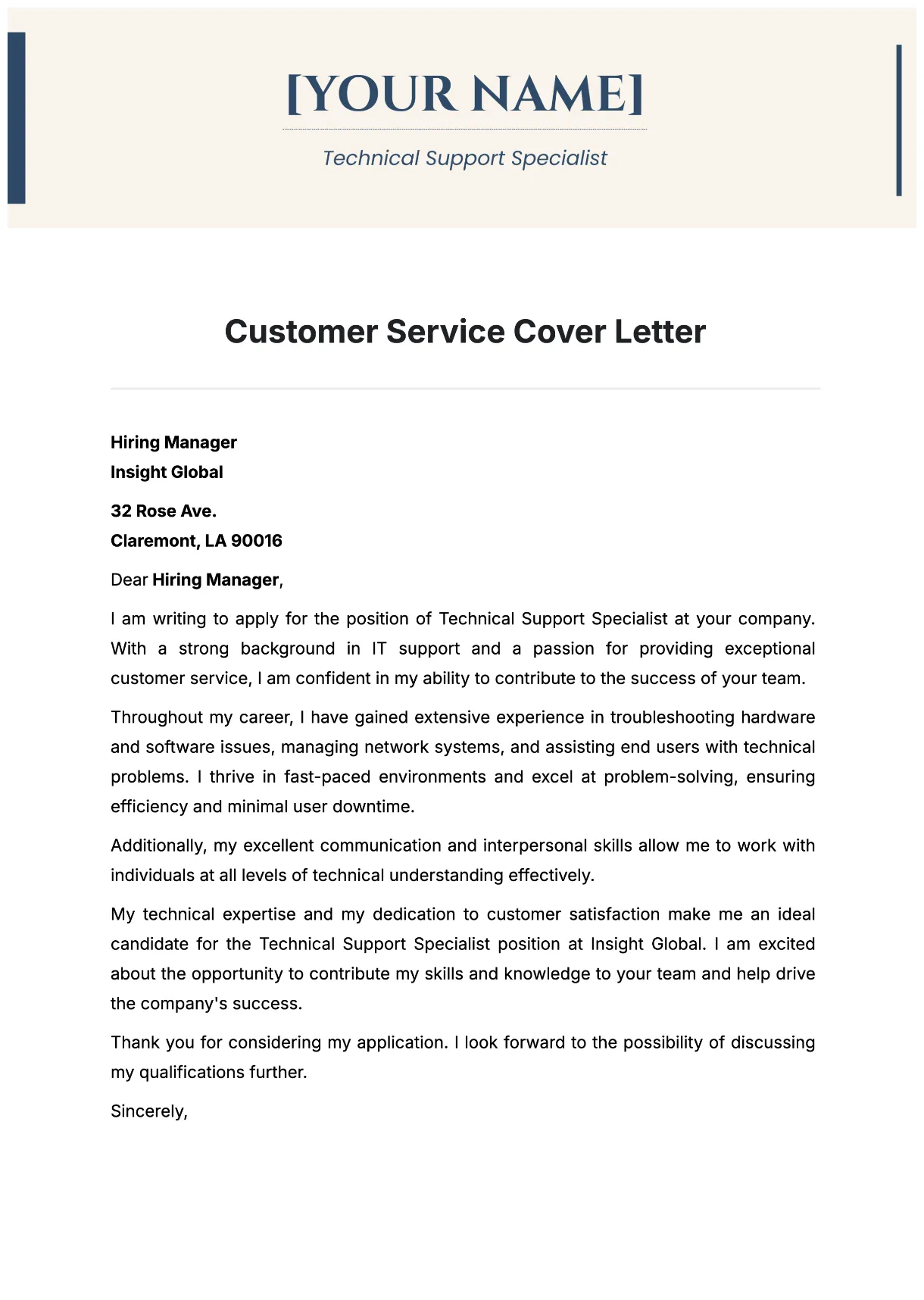 Free customer service cover letter template to edit online
