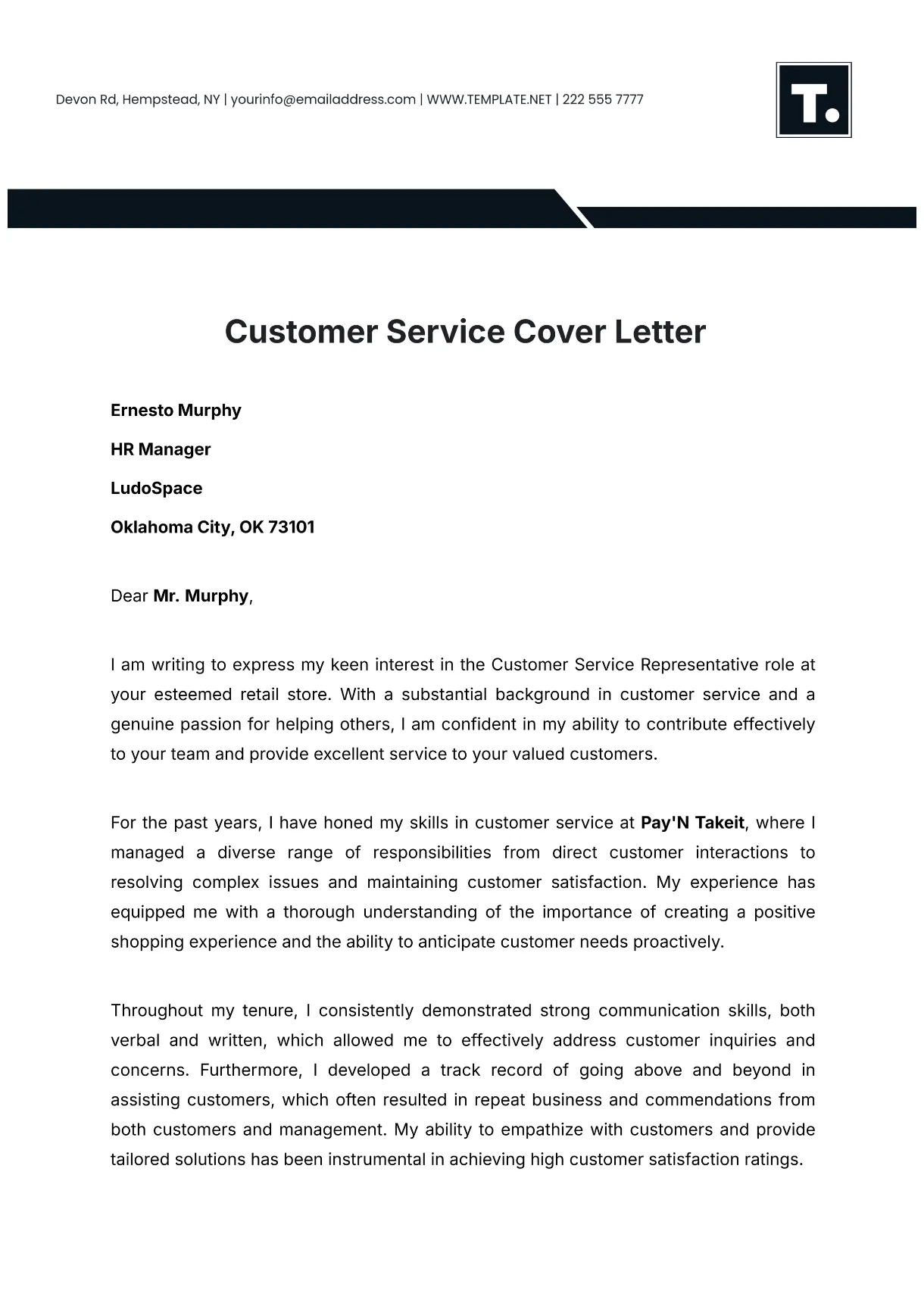 Free customer service cover letter template to edit online