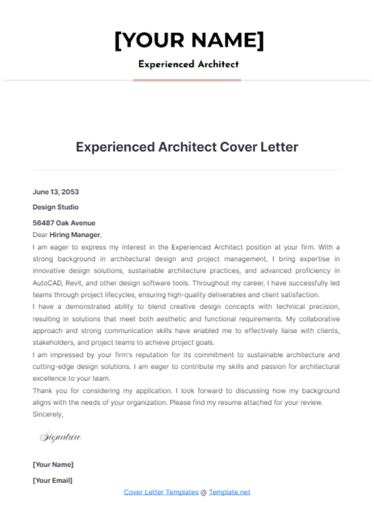 Free Experienced Architect Cover Letter Template to Edit Online