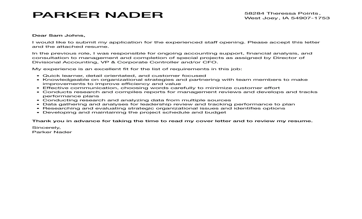 Experienced Staff Cover Letter | Velvet Jobs