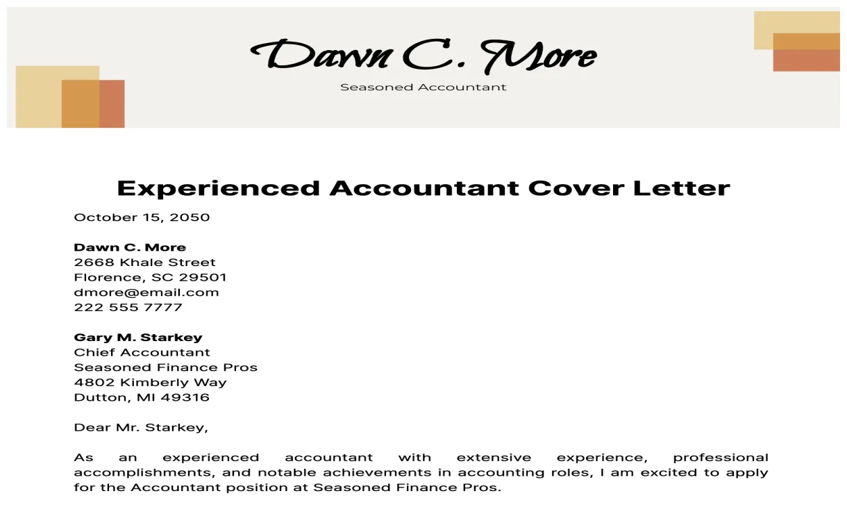 Experienced Accountant Cover Letter Template - Edit Online & Download
